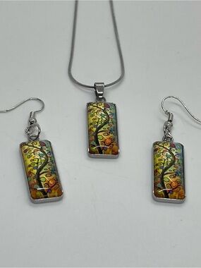Hand Crafted Yellow Orange Teal Tree Rectangle Pendant Necklace Earrings Set NWT
